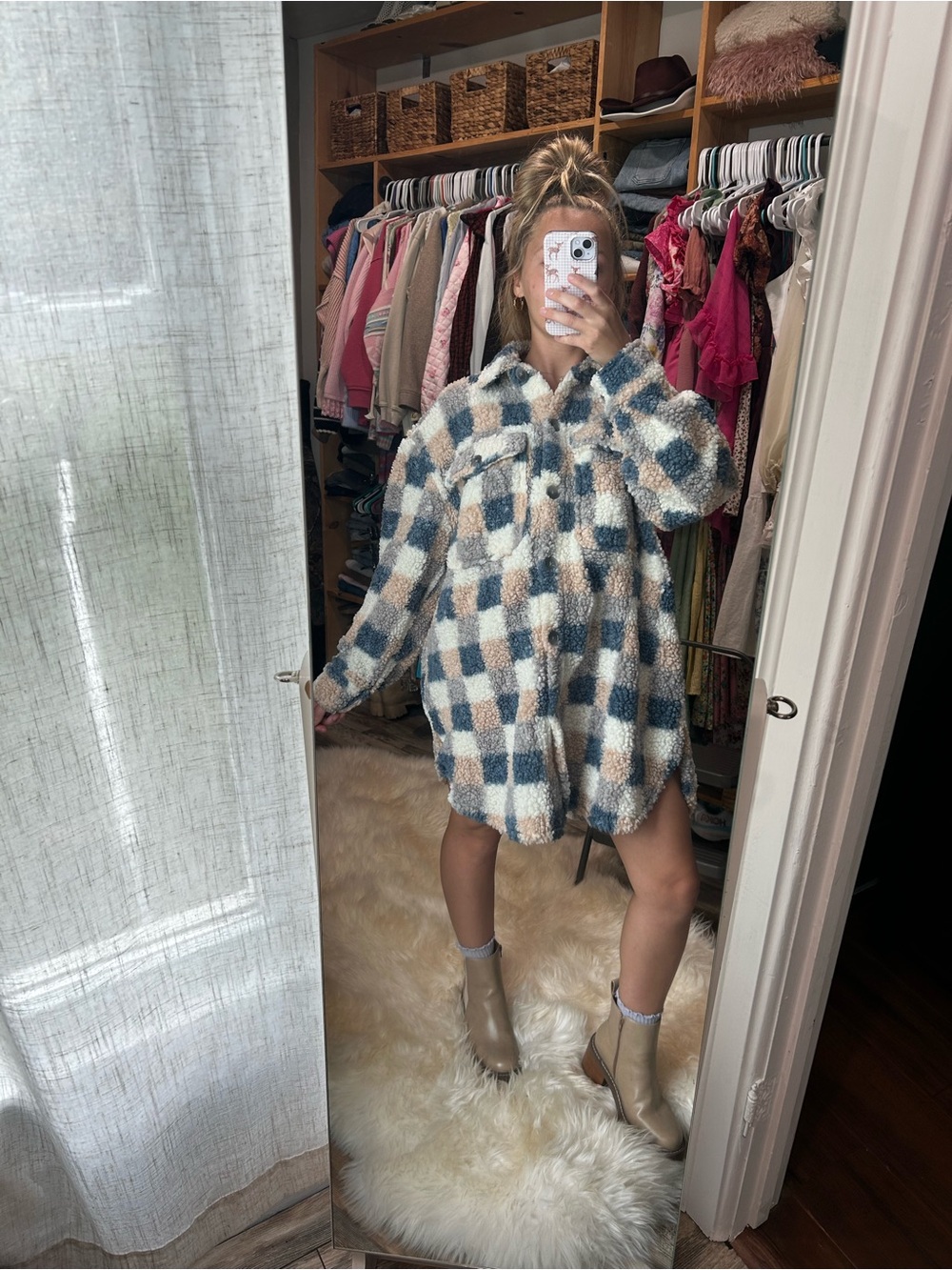 Grace + Karma Oversized Plaid Sherpa Shirt Dress - Blue & Cream